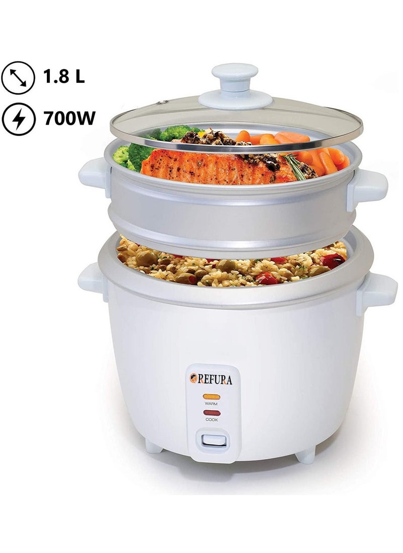 2 in 1 Rice Cooker & Steamer 1.8 L / Non-Stick Removable Bowl / Keep Warm Functionality / 700 Watts / Includes Measuring Cup & Spatula | RE-620 | Kitchen Appliances