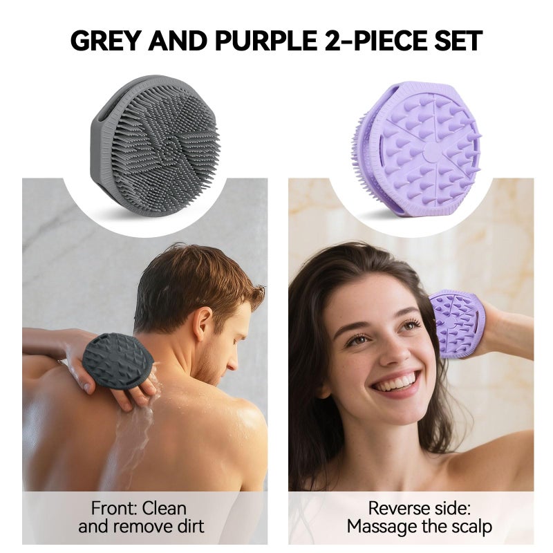 HAYSNA 2-Pack Soft Silicone Dual-Sided Body Scrubber & Loofah | Gentle Exfoliating Shower Brush for Men & Women | Creates Rich Lather, Easy to Clean (Gray & Purple) - Image 2