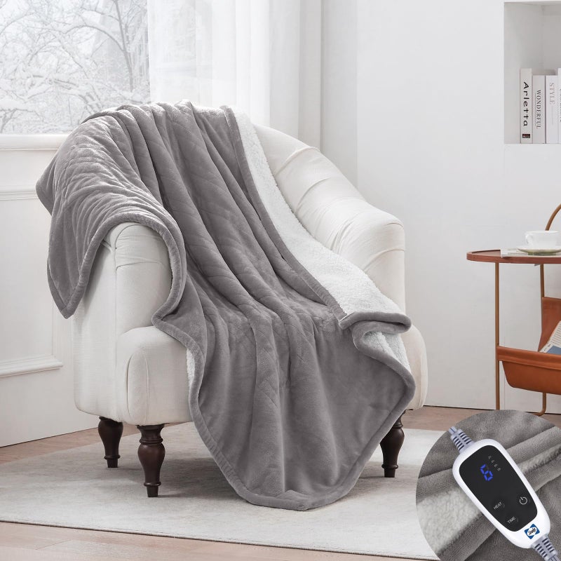SEALY Electric Throw Blanket, Flannel & Sherpa Heated Throw with 6 Heating Levels & 2-10 Hours Auto Shut Off, Fast Heating & Machine Washable, 50x60 Inch, Light Grey - Image 3