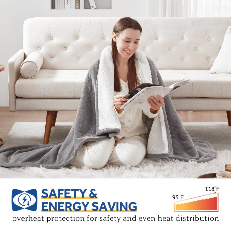 SEALY Electric Throw Blanket, Flannel & Sherpa Heated Throw with 6 Heating Levels & 2-10 Hours Auto Shut Off, Fast Heating & Machine Washable, 50x60 Inch, Light Grey - Image 4