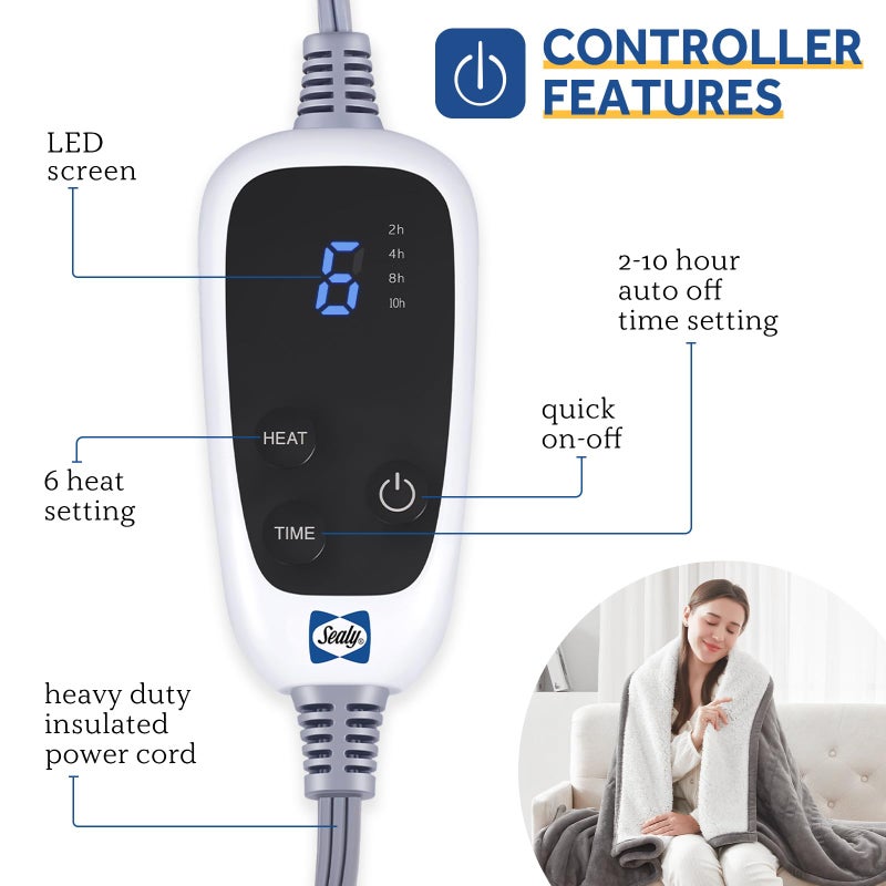 SEALY Electric Throw Blanket, Flannel & Sherpa Heated Throw with 6 Heating Levels & 2-10 Hours Auto Shut Off, Fast Heating & Machine Washable, 50x60 Inch, Light Grey - Image 2