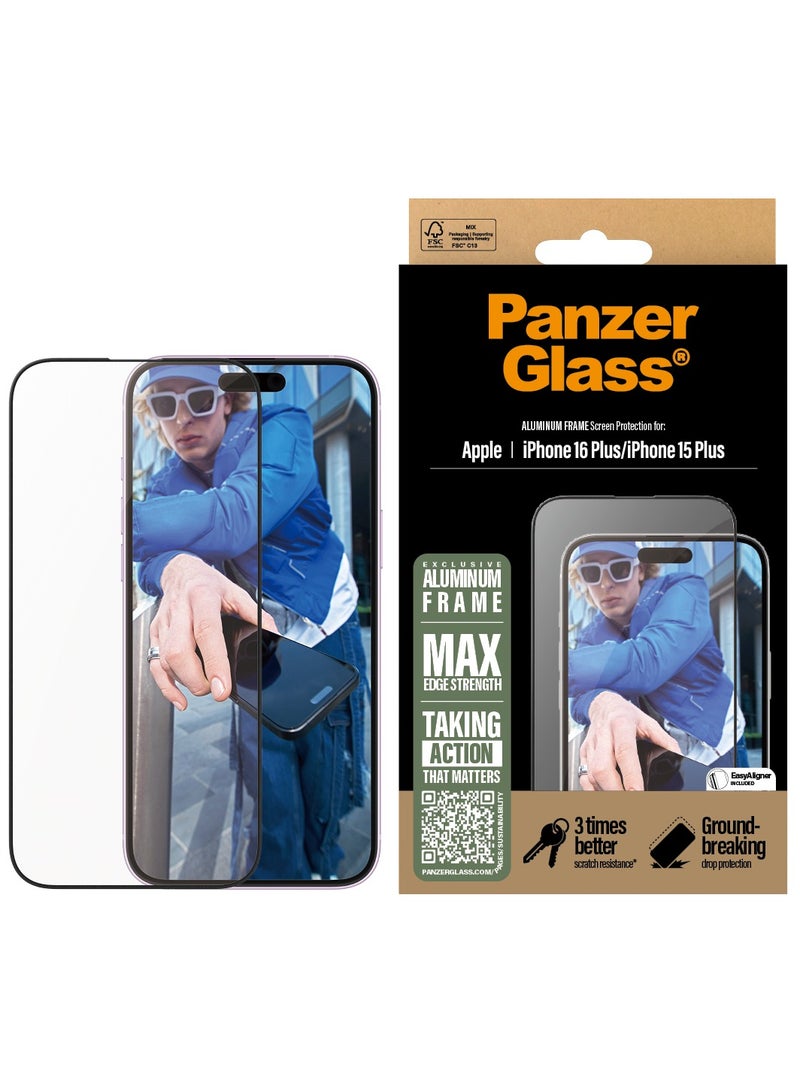 PanzerGlass® Aluminium Frame Screen Protector for Apple iPhone 16 Plus, EasyAligner, Tempered Glass, High Scratch Resistance, Impact Resistance, Elegant Aluminium Frame - Image 1