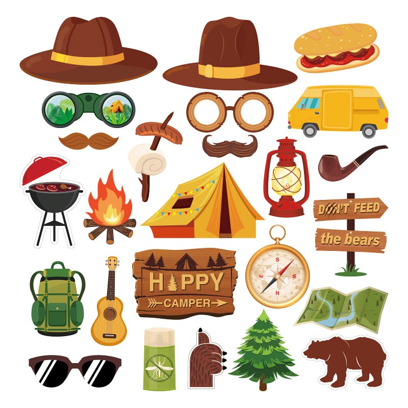 25Pcs Happy Camper Party Photo Props Camping Adventure Photo Booth Props with Stick and Dot Glue for Camping Birthday Party Baby ShowerBackyard Camp Out Campfire Hiking Adventure Party Decor