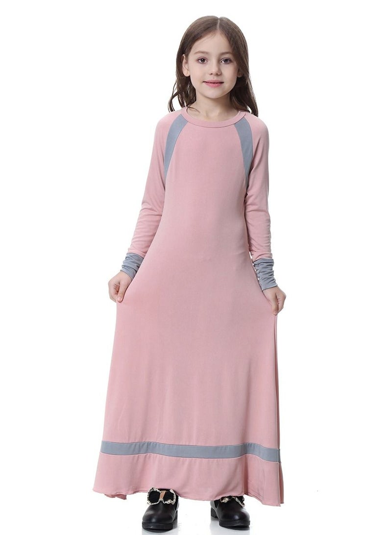 إسكدنيا Girls Round Neck Maxi Dress With Long Sleeves Pink/Grey  - Image 1