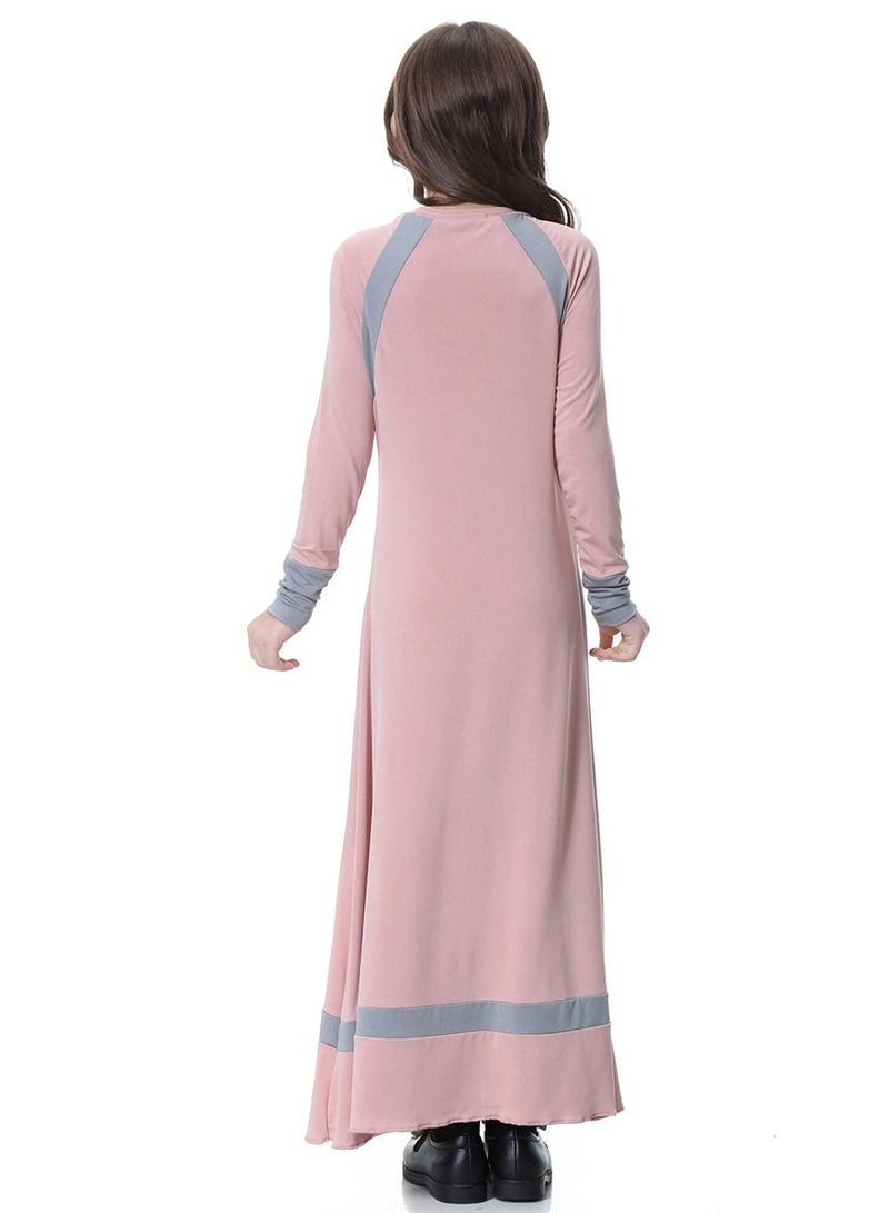 إسكدنيا Girls Round Neck Maxi Dress With Long Sleeves Pink/Grey  - Image 2