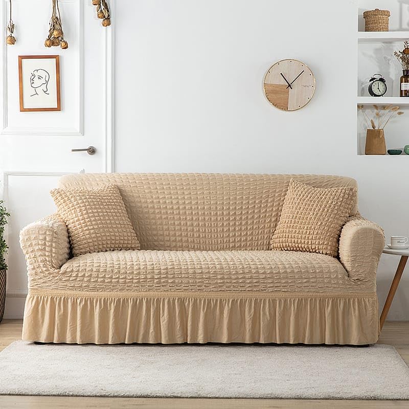 TONY STARK Frill Design Three Seater Elastic Stretchable Turkish Bubble Sofa Slipcovers, Durable Washable Universal High Elastic Furniture Protector (3 Seater, Light Brown, 185-230cm) - Image 1