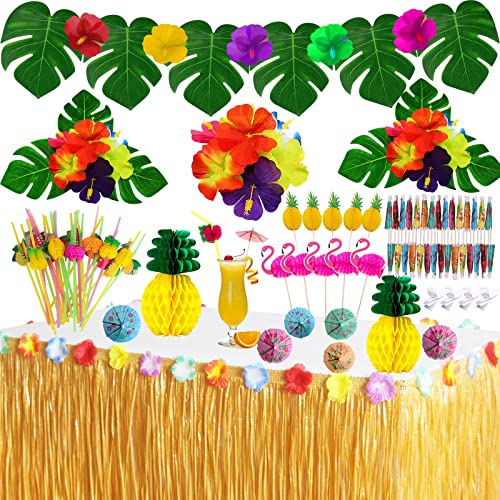 SEMETOR Tropical Luau Party Decorations Set Hawaiian Beach Theme Party Favors Luau Party Supplies with 9ft Luau Grass Table Skirt, Palm Leaves, Hibiscus Flowers, 3D Fruit Straws, Flamingo and Pineapple Décors - Image 1