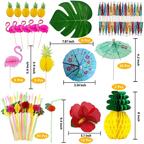 SEMETOR Tropical Luau Party Decorations Set Hawaiian Beach Theme Party Favors Luau Party Supplies with 9ft Luau Grass Table Skirt, Palm Leaves, Hibiscus Flowers, 3D Fruit Straws, Flamingo and Pineapple Décors - Image 4