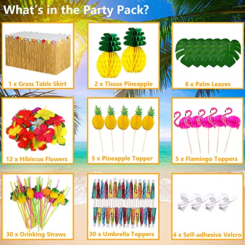 SEMETOR Tropical Luau Party Decorations Set Hawaiian Beach Theme Party Favors Luau Party Supplies with 9ft Luau Grass Table Skirt, Palm Leaves, Hibiscus Flowers, 3D Fruit Straws, Flamingo and Pineapple Décors - Image 3