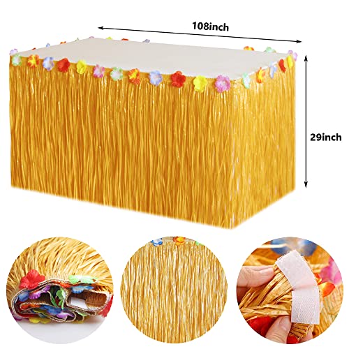 SEMETOR Tropical Luau Party Decorations Set Hawaiian Beach Theme Party Favors Luau Party Supplies with 9ft Luau Grass Table Skirt, Palm Leaves, Hibiscus Flowers, 3D Fruit Straws, Flamingo and Pineapple Décors - Image 2