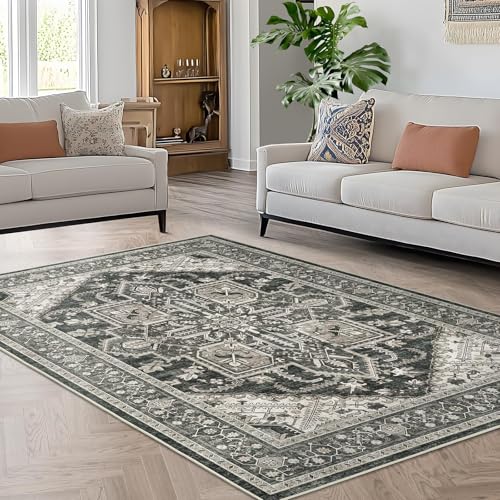 WITSHOCK Living Room Area Rugs 5x7: Washable Rug Boho Soft Non-Slip Low Pile Stain Resistant Foldable Carpet for Bedroom Playroom Dining Room Office Kitchen Farmhouse Home Decor Rug-Bitter Black - Image 3