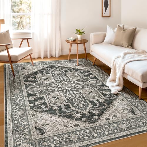 WITSHOCK Living Room Area Rugs 5x7: Washable Rug Boho Soft Non-Slip Low Pile Stain Resistant Foldable Carpet for Bedroom Playroom Dining Room Office Kitchen Farmhouse Home Decor Rug-Bitter Black - Image 1