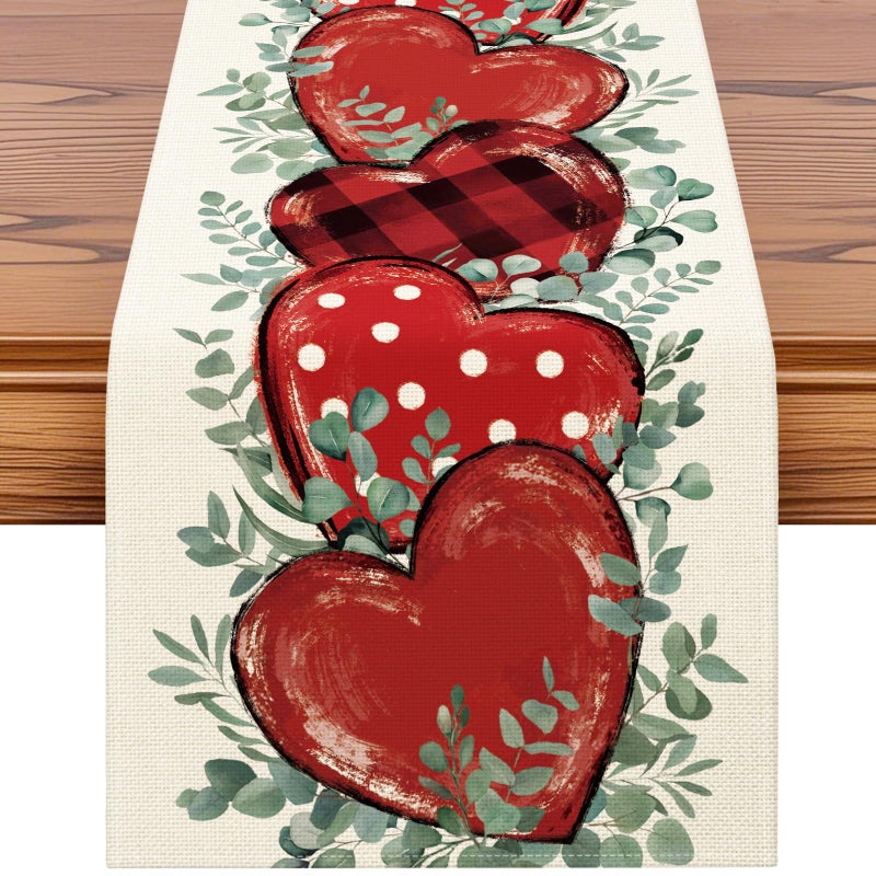 Artscope Eucalyptus Hearts Valentine's Day Table Runner, Anniversary Wedding Holiday Kitchen Dining Table Decoration for Valentine Home Decor 13x72 Inch - Image 1