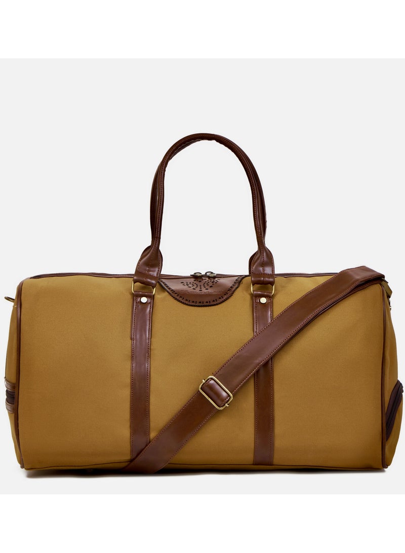 STORYTELLER Paisley Elegant Canvas With Faux  Leather Travel Duffel Bag With Shoes Compartment For Men and Women Khaki - Image 1