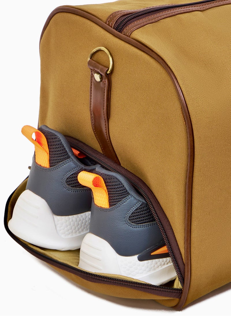 STORYTELLER Paisley Elegant Canvas With Faux  Leather Travel Duffel Bag With Shoes Compartment For Men and Women Khaki - Image 3