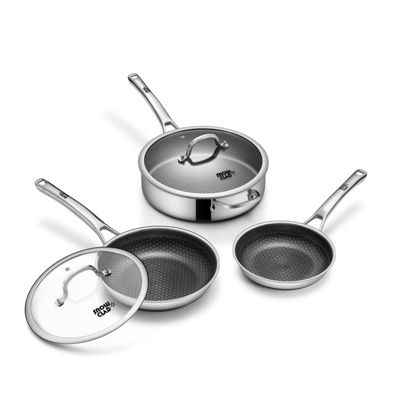 SNOWCLAD Frying Pans Nonstick Set with Lid,Hybrid Non Stick 5 Quart Saute pan,10 inch Skillet,8 inch Skillet PFOA Free Cookware,Stainless Steel skillet,Deep Braiser,Dishwasher Safe,Works on All Cooktops - Image 1