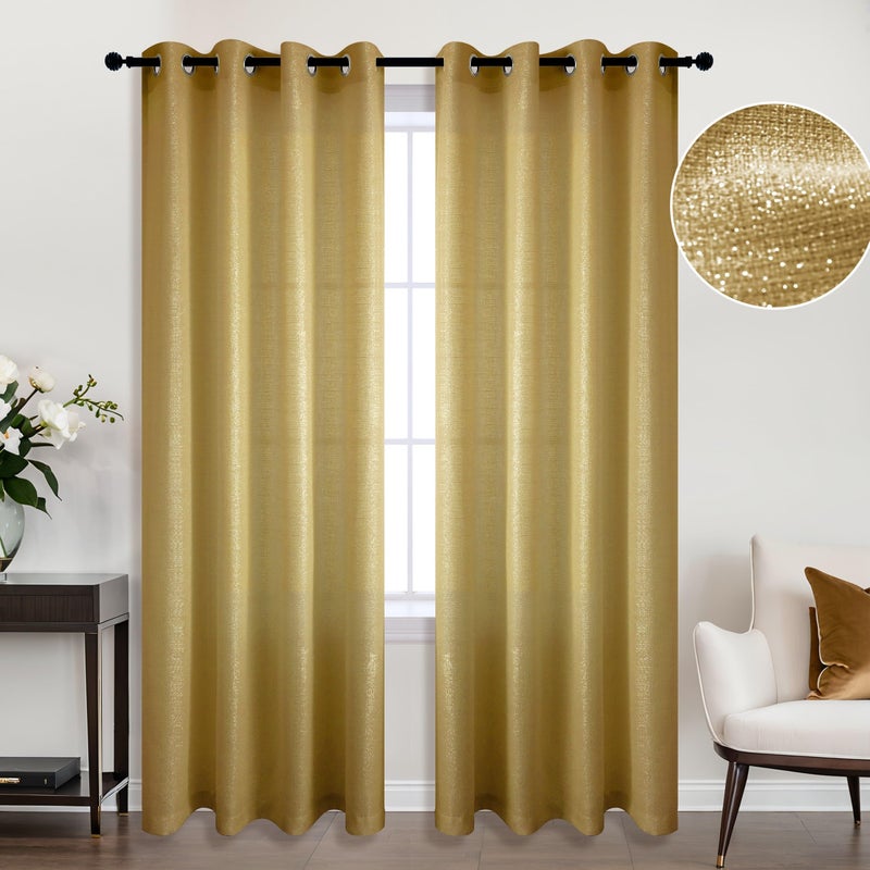 KOUFALL Gold Curtains 96 Inches Long for Dining Room WindowsSheer Shimmer Retro Art Deco Curtains for Living Room Bedroom