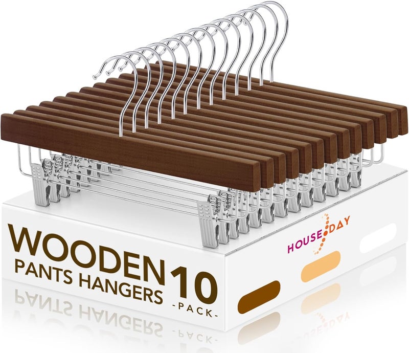 HOUSE DAY Wooden Pants Hangers with Clips - 10 Pack - Image 1