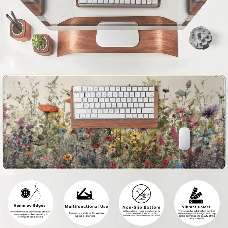 Mechanical Cattle Watercolor Flowers Desk Mat Floral Boho XL Mouse Pad Large Mousepad Extended Vintage Aesthetic Laptop Keyboard Mat Cute Gaming Desk Pad 31.5"x11.8" Office Decor for Women - Image 4