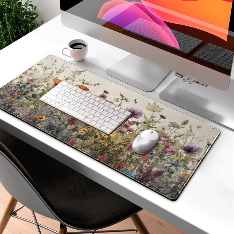 Mechanical Cattle Watercolor Flowers Desk Mat Floral Boho XL Mouse Pad Large Mousepad Extended Vintage Aesthetic Laptop Keyboard Mat Cute Gaming Desk Pad 31.5"x11.8" Office Decor for Women - Image 3