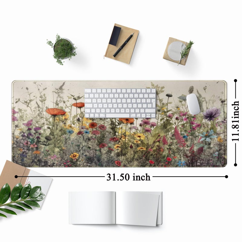 Mechanical Cattle Watercolor Flowers Desk Mat Floral Boho XL Mouse Pad Large Mousepad Extended Vintage Aesthetic Laptop Keyboard Mat Cute Gaming Desk Pad 31.5"x11.8" Office Decor for Women - Image 2