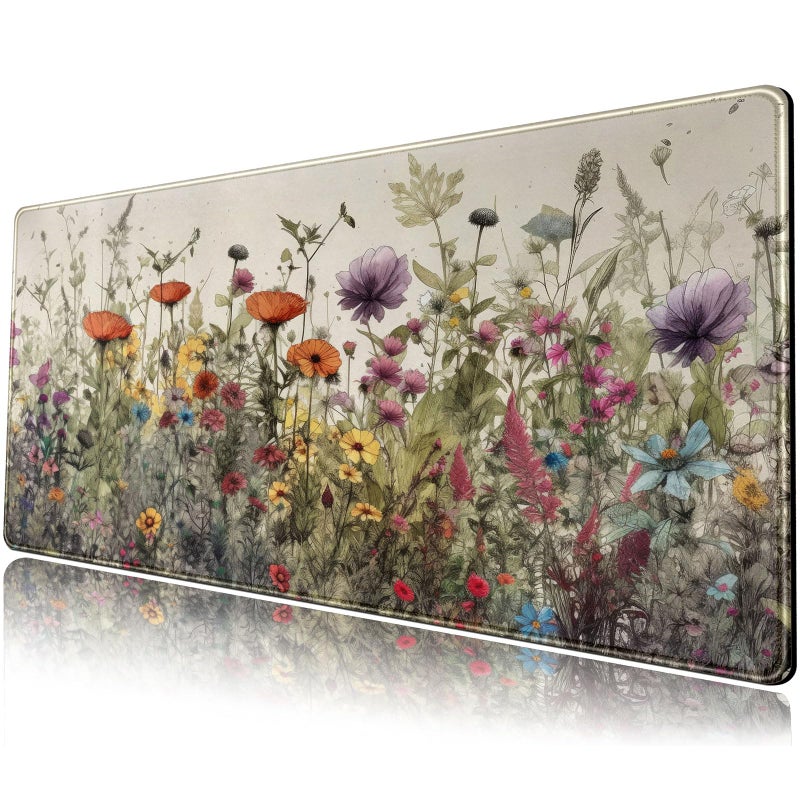 Mechanical Cattle Watercolor Flowers Desk Mat Floral Boho XL Mouse Pad Large Mousepad Extended Vintage Aesthetic Laptop Keyboard Mat Cute Gaming Desk Pad 31.5"x11.8" Office Decor for Women - Image 1