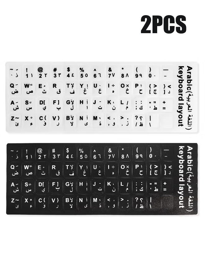 واي جيه ملصقات لوحة مفاتيح إنجليزية وعربية (عدد 2) مقاومة للغبار والماء، ملصقات بديلة لرموز لوحة المفاتيح الإنجليزية والعربية لأجهزة الكمبيوتر المحمولة والمكتبية - (2 قطعة باللونين الأبيض والأسود) - Image 1