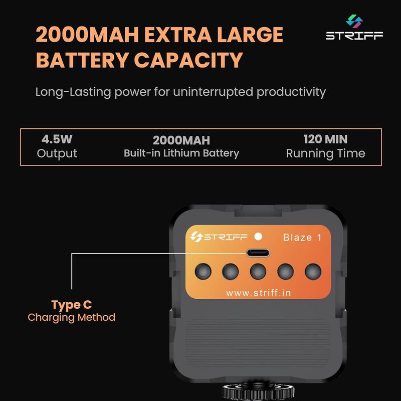 Striff BLAZE1 LED Video Light for mobile phone Camera Laptop Meeting Photography Shooting youtube and Lighting with Clip, C Type Dimmable Portable & Rechargeable for Selfie Stick Tripod, 2000mAh, 4.5W - Image 3