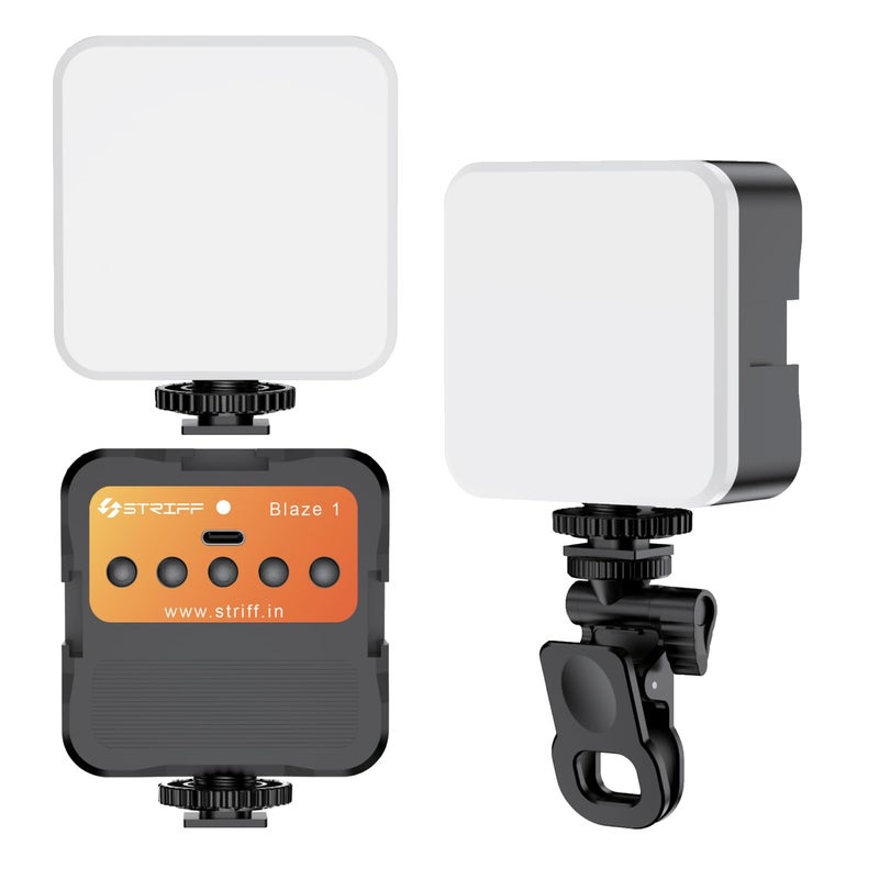 Striff BLAZE1 LED Video Light for mobile phone Camera Laptop Meeting Photography Shooting youtube and Lighting with Clip, C Type Dimmable Portable & Rechargeable for Selfie Stick Tripod, 2000mAh, 4.5W - Image 1