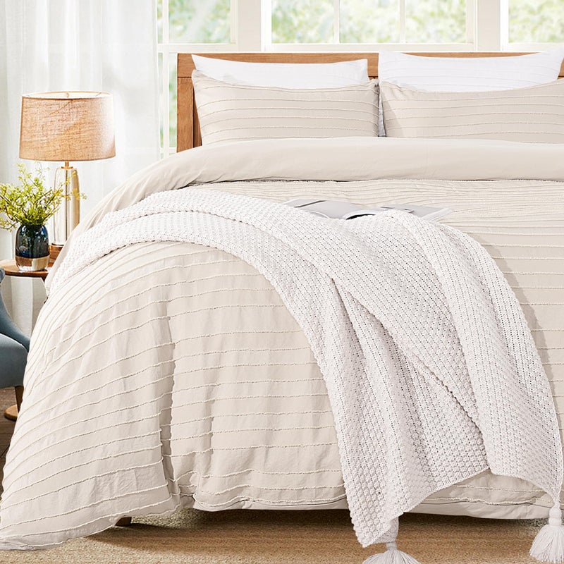 NEXHOME PRO Duvet Cover Queen,Beige 3 Pieces Boho Tufted Duvet Cover Set, Soft and Lightweight 100% Washed Microfiber Comforter Cover Set for All Season(Beige Queen, 90 x 90)-No Comforter - Image 1