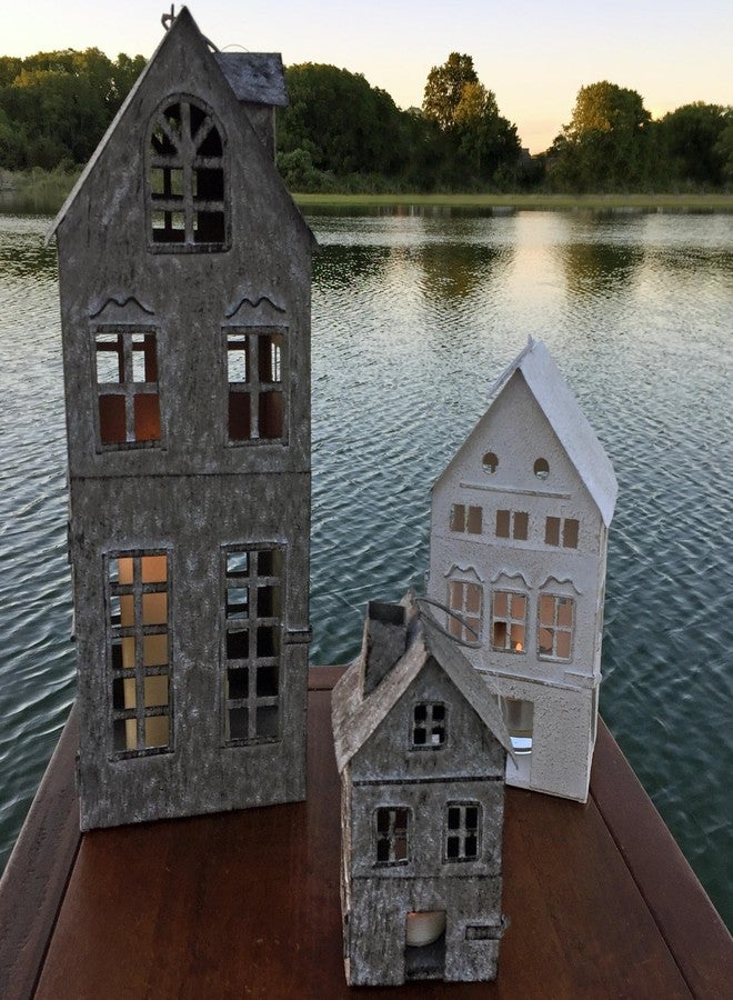 Boltze Americana Main Street Town House Candle Lanterns, Set of 3, Vintage Style, Weathered White and Rustic Gray, Metal, Hinged Doors, 14 1/2, 8 3/4 and 5 1/8 Inches Tall - Image 2