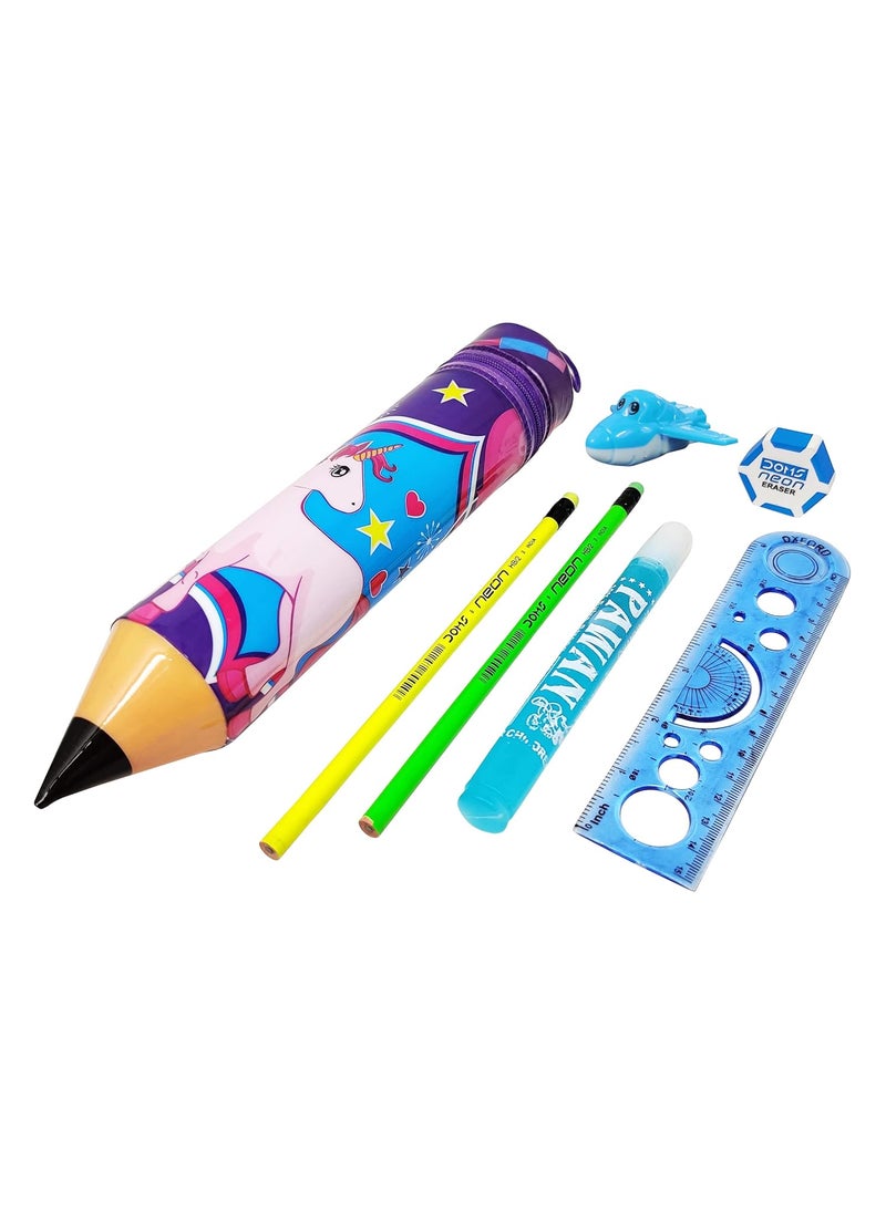 Parteet PARTEET Combo Pack of 1 Pencil Shape Pencil Pouch with 2 Pencils 1 Scale1 Shapener 1 Glue and 1 Eraser for Kids Pack of 5 Items  - Image 1