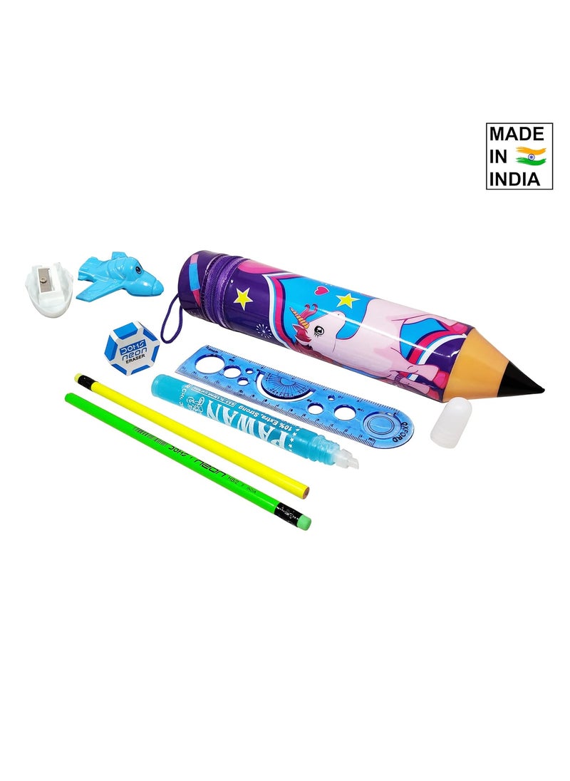 Parteet PARTEET Combo Pack of 1 Pencil Shape Pencil Pouch with 2 Pencils 1 Scale1 Shapener 1 Glue and 1 Eraser for Kids Pack of 5 Items  - Image 3