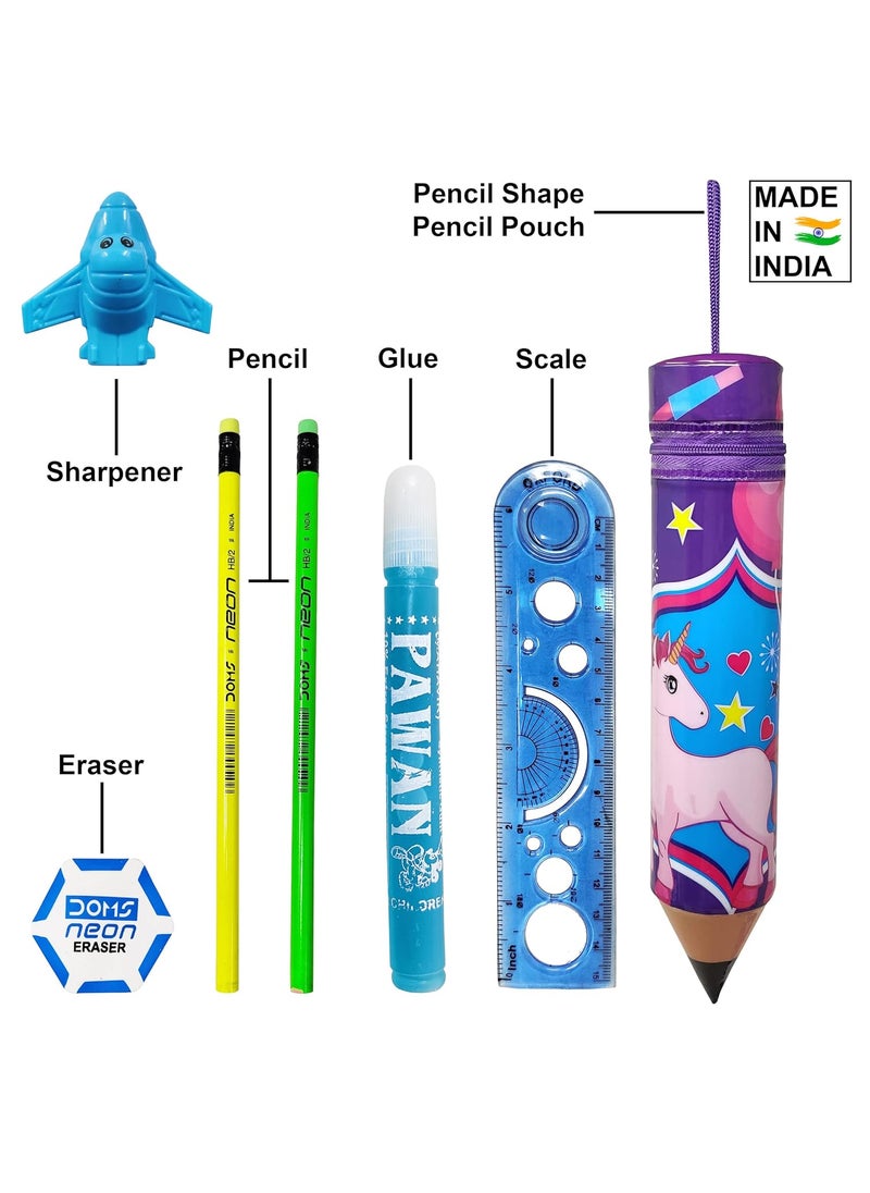 Parteet PARTEET Combo Pack of 1 Pencil Shape Pencil Pouch with 2 Pencils 1 Scale1 Shapener 1 Glue and 1 Eraser for Kids Pack of 5 Items  - Image 2