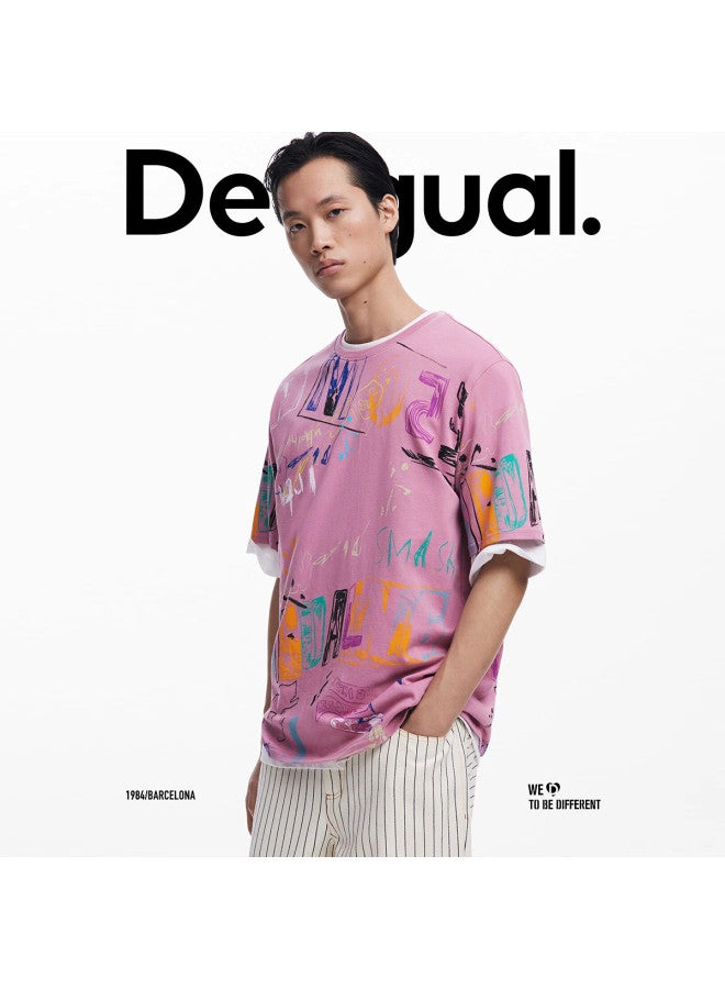 DESIGUAL تي شيرت رجالي بأكمام قصيرة وياقة دائرية مع طباعة حروف جرافيتي متعددة الألوان - مجموعة ربيع/صيف 2025 - Image 5