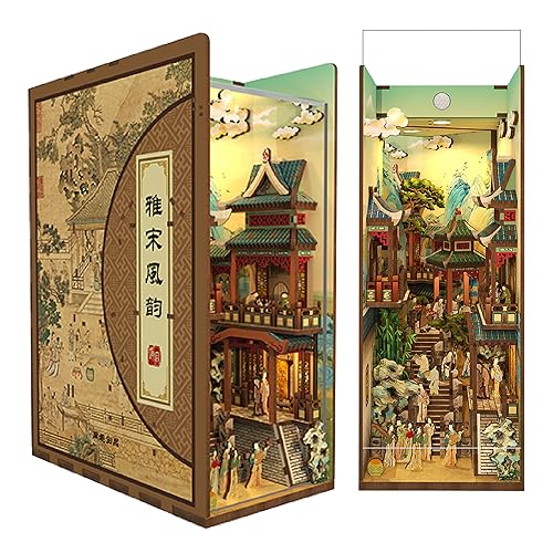 Tonecheer DIY Book Nook Kit for Adults Wooden 3D Puzzle Bookend Bookshelf Insert Decor Chinese Booknook Miniature House Kit with Dust Cover and Body Motion Sensor LED Song Dynasty Culture - Image 1