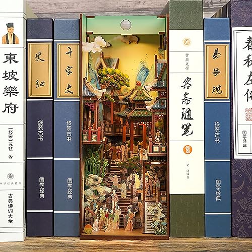 Tonecheer DIY Book Nook Kit for Adults Wooden 3D Puzzle Bookend Bookshelf Insert Decor Chinese Booknook Miniature House Kit with Dust Cover and Body Motion Sensor LED Song Dynasty Culture - Image 5