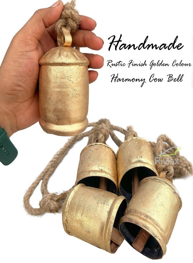 Riylox Shabby Chic Bells Set of 4 Hanging Metal Tibetan Inspired Meditation Decorative Cow Bell with Jute Rope Vintage Handmade Lucky Rustic Metal Tranquil Wind Chimes Wall Hanging Decor Gift - Image 5