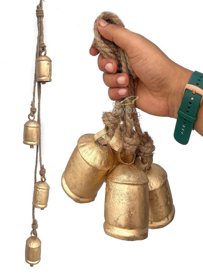 Riylox Shabby Chic Bells Set of 4 Hanging Metal Tibetan Inspired Meditation Decorative Cow Bell with Jute Rope Vintage Handmade Lucky Rustic Metal Tranquil Wind Chimes Wall Hanging Decor Gift - Image 1