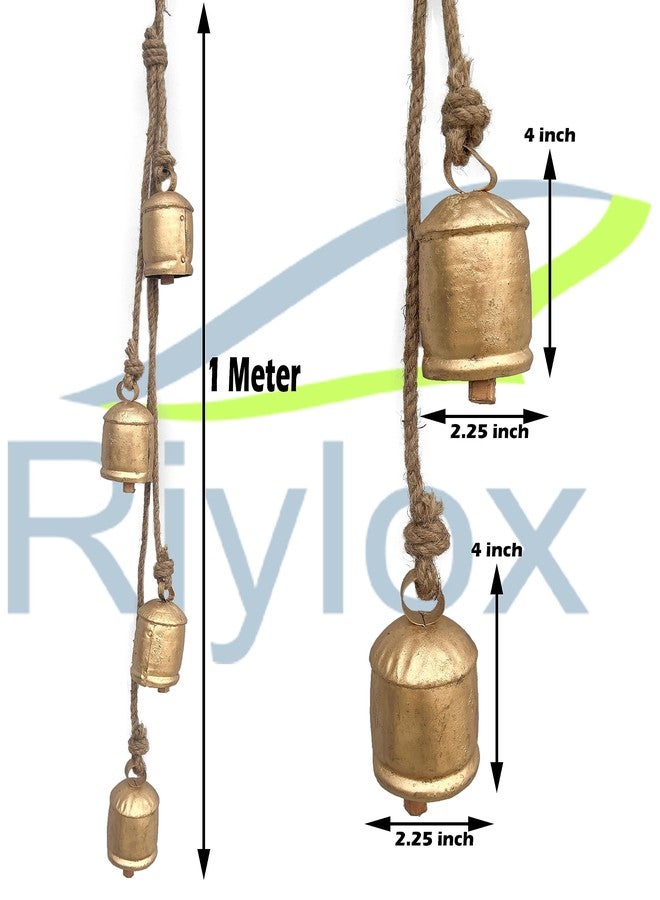 Riylox Shabby Chic Bells Set of 4 Hanging Metal Tibetan Inspired Meditation Decorative Cow Bell with Jute Rope Vintage Handmade Lucky Rustic Metal Tranquil Wind Chimes Wall Hanging Decor Gift - Image 2