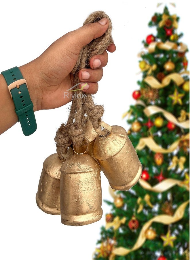 Riylox Shabby Chic Bells Set of 4 Hanging Metal Tibetan Inspired Meditation Decorative Cow Bell with Jute Rope Vintage Handmade Lucky Rustic Metal Tranquil Wind Chimes Wall Hanging Decor Gift - Image 3