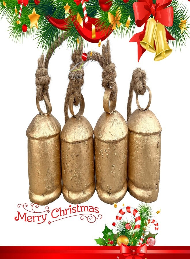 Riylox Shabby Chic Bells Set of 4 Hanging Metal Tibetan Inspired Meditation Decorative Cow Bell with Jute Rope Vintage Handmade Lucky Rustic Metal Tranquil Wind Chimes Wall Hanging Decor Gift - Image 4