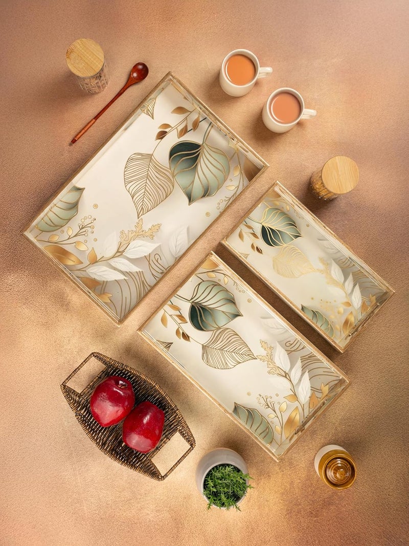 civana homes Civana Homes Wooden Serving Tray with Gold Engraving Set of 3 Size 16 x 10 inch 14 x 8 inch 12 x 6 inch Enamel Coated Waterproof Rectangular Decorative Trays White Leaf Set - Image 1