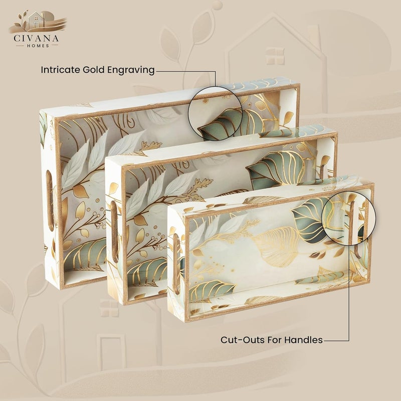 civana homes Civana Homes Wooden Serving Tray with Gold Engraving Set of 3 Size 16 x 10 inch 14 x 8 inch 12 x 6 inch Enamel Coated Waterproof Rectangular Decorative Trays White Leaf Set - Image 4