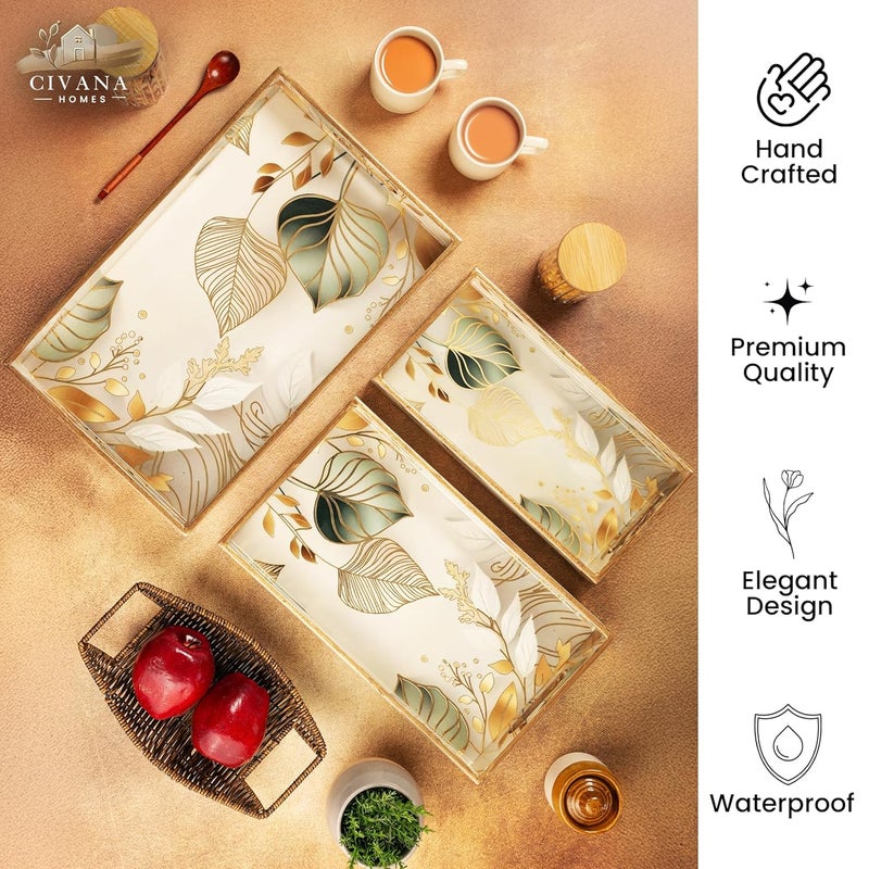 civana homes Civana Homes Wooden Serving Tray with Gold Engraving Set of 3 Size 16 x 10 inch 14 x 8 inch 12 x 6 inch Enamel Coated Waterproof Rectangular Decorative Trays White Leaf Set - Image 5