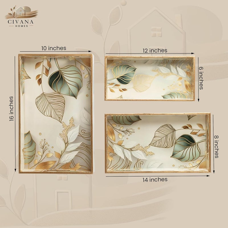 civana homes Civana Homes Wooden Serving Tray with Gold Engraving Set of 3 Size 16 x 10 inch 14 x 8 inch 12 x 6 inch Enamel Coated Waterproof Rectangular Decorative Trays White Leaf Set - Image 3