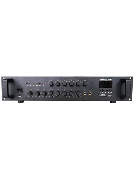 DS-QAE0A120G1-VB6 120W 6-Zone Analog Amplifier with Bluetooth, MP3/USB/SD Playback, 2 Microphone & 2 AUX Inputs, Emergency Input, Independent Volume Controls, Short-Circuit & Overload Protection, 80Hz-18kHz Frequency Response, 6 Partition Outputs, and Forced Fan Cooling