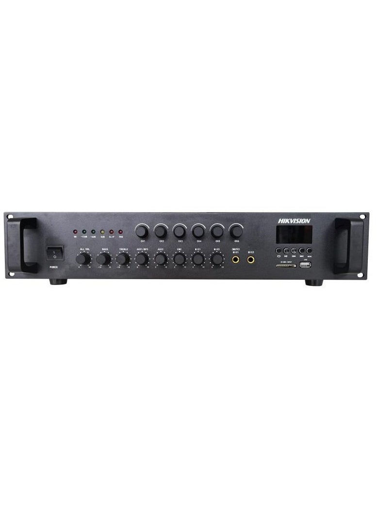 HIKVISION - DS-QAE0A120G1-VB6 120W 6-Zone Analog Amplifier with Bluetooth, MP3/USB/SD Playback, 2 Microphone & 2 AUX Inputs, Emergency Input, Independent Volume Controls, Short-Circuit & Overload Protection, 80Hz-18kHz Frequency Response, 6 Partition Outputs, and Forced Fan Cooling - Image 1