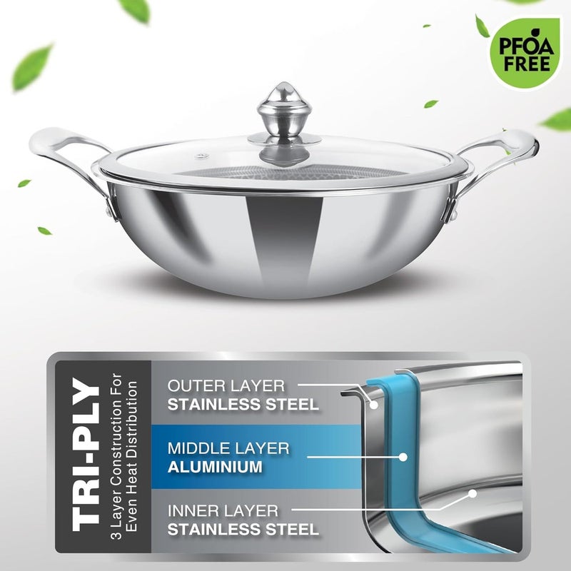 Milton Pro-Cook Kadhai 240 Milliliter  – Triply Hexa Tech Stainless Steel Kadhai with Glass Lid, 3-Layer Cookware, Induction & Gas Stove Compatible, Easy to Clean – Silver - Image 5