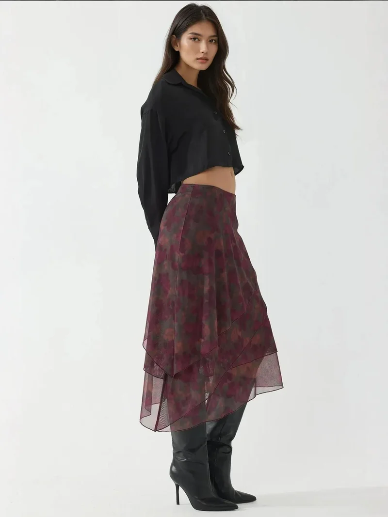 HICCUP Burgundy Red High Waist Midi Skirt with Floral Print for Women | Best Price UAE